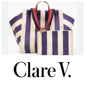 Clare V Purple and Cream Striped Tote Set